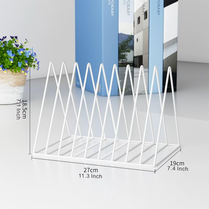 Cq acrylic White Metal Vinyl Record Holder,Vertical Record Player Holder,File Organizer for Desk,Desktop File Sorters,Paper Organizer and Record Holder Stand,Triangle Upright 9 Lattice Vinyl Rack Stand,1Pack - Image 1